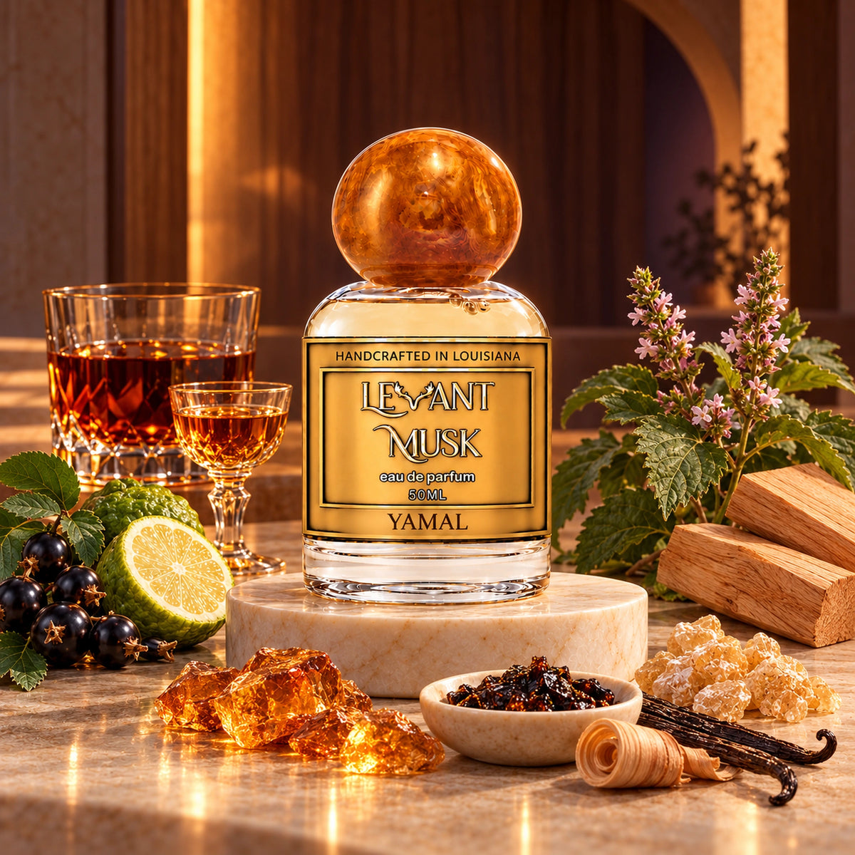 YAMAL by Levant Musk, orange-gold-cap 50 mL bottle in an atmospheric fragrance setting