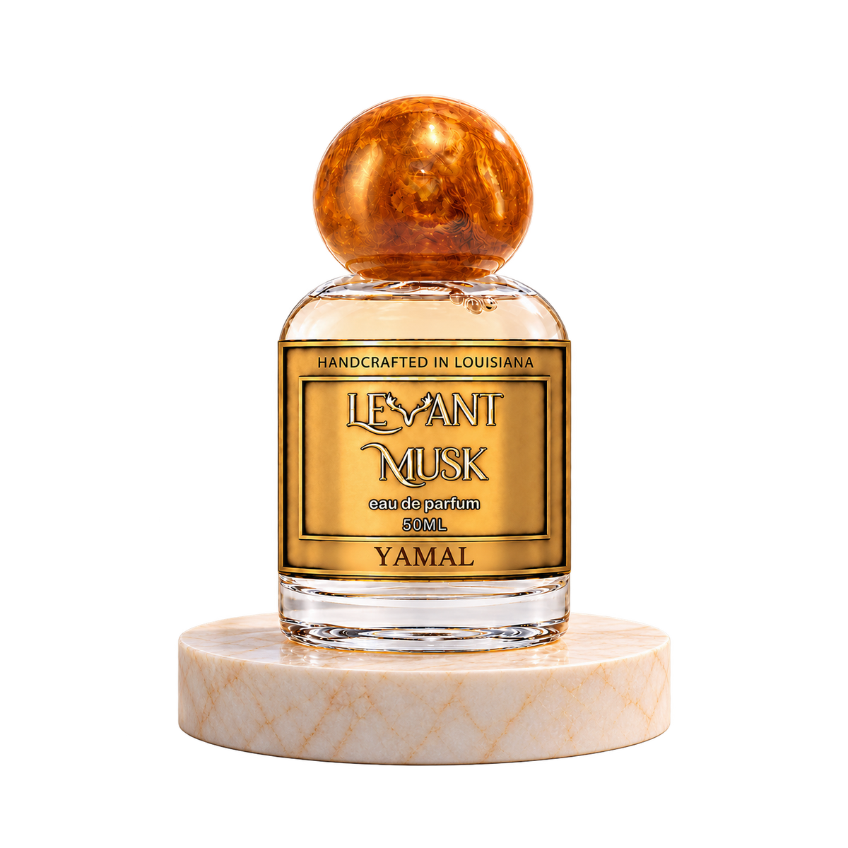 YAMAL 50 mL Levant Musk bottle with orange-gold cap on marble with transparent outer background