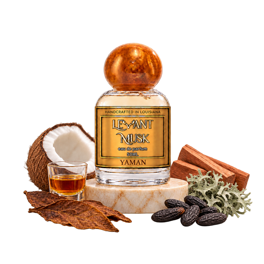 YAMAN by Levant Musk on marble with coconut, rum, tobacco, tonka bean, oakmoss and Chinese cedarwood on a transparent background.