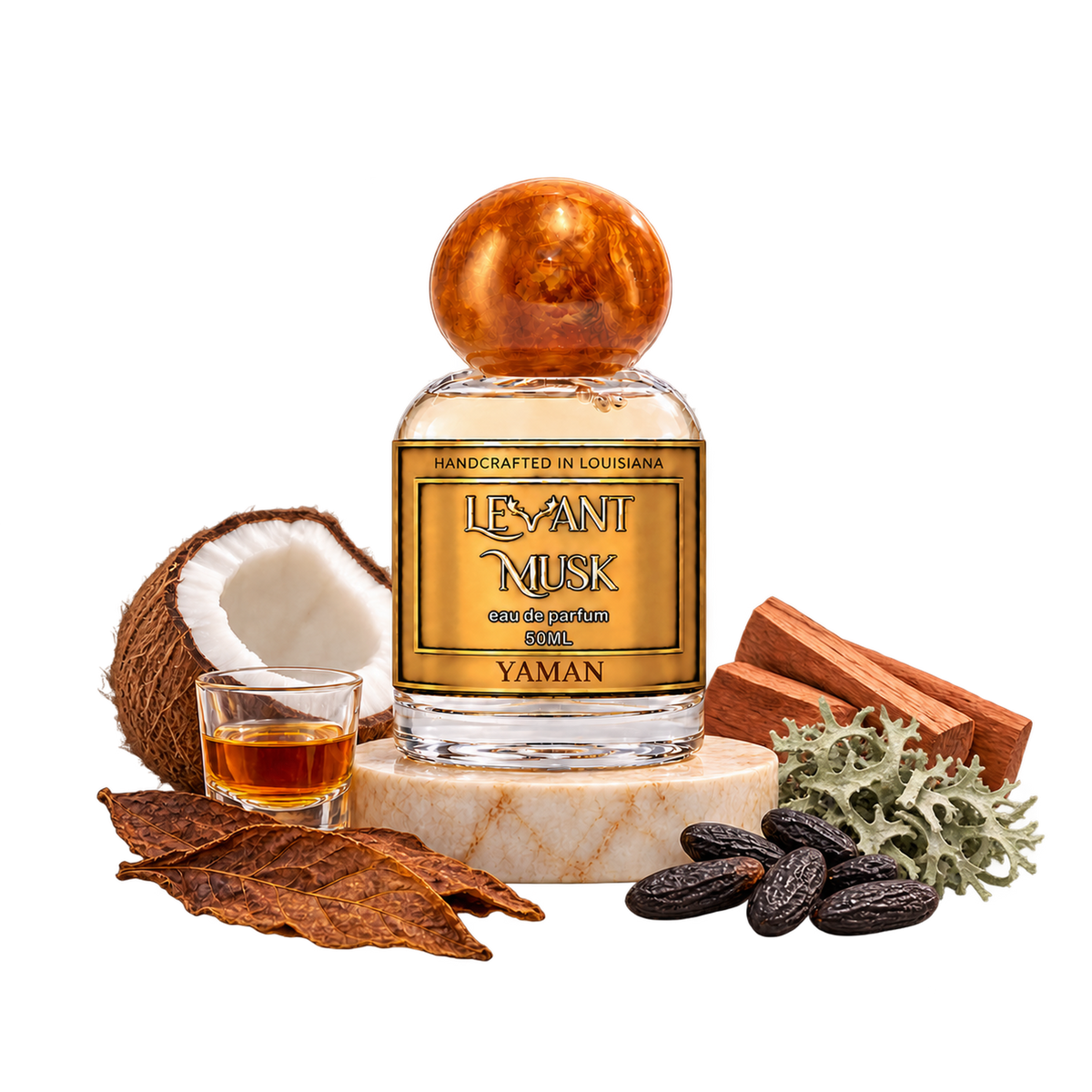 YAMAN by Levant Musk on marble with coconut, rum, tobacco, tonka bean, oakmoss and Chinese cedarwood on a transparent background.