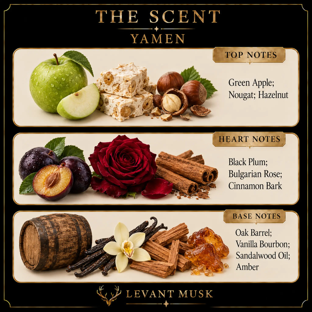 A branded scent composition graphic for 'The Scent Yamen' by Levant Musk, showing three horizontal fragrance notes sections with illustrated ingredients: green apple and nut pieces for top notes, plum, rose, cinnamon bark, and vanilla for heart notes, and oak barrel, sandalwood oil, and amber for base notes.