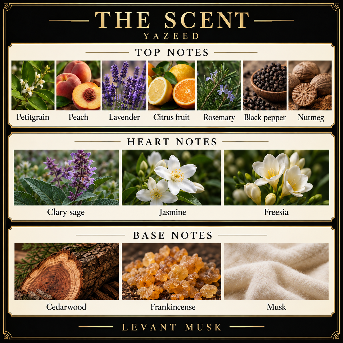 YAZEED notes. top: Petitgrain, peach, lavender, citrus fruit, rosemary, black pepper, nutmeg. heart: Clary sage, jasmine, freesia. base: Cedarwood, frankincense, musk.