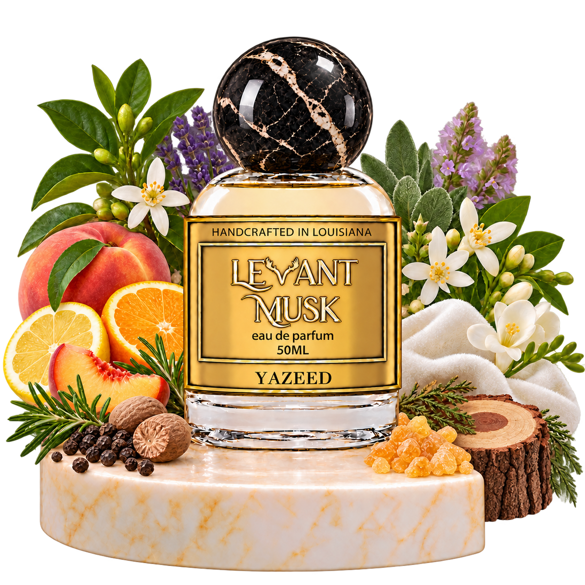 YAZEED by Levant Musk bottle with notes cutout