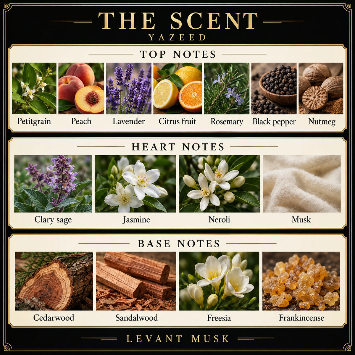 YAZEED notes: petitgrain, peach, lavender, citrus fruit, rosemary, black pepper and nutmeg; clary sage, jasmine, neroli and musk; cedarwood, sandalwood, freesia and frankincense.