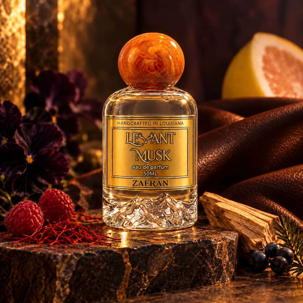 ZAFRAN by Levant Musk atmospheric hero with saffron, black violet, leather, juniper, pomelo and raspberry.