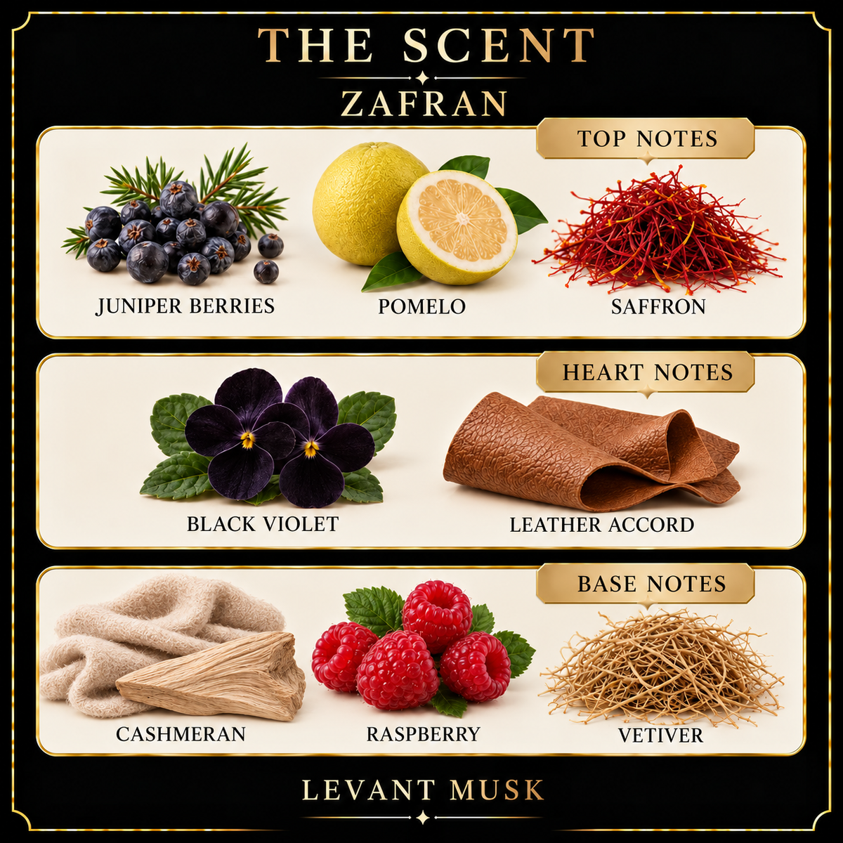 ZAFRAN notes: juniper berries, pomelo and saffron; black violet and leather accord; cashmeran, raspberry and vetiver.