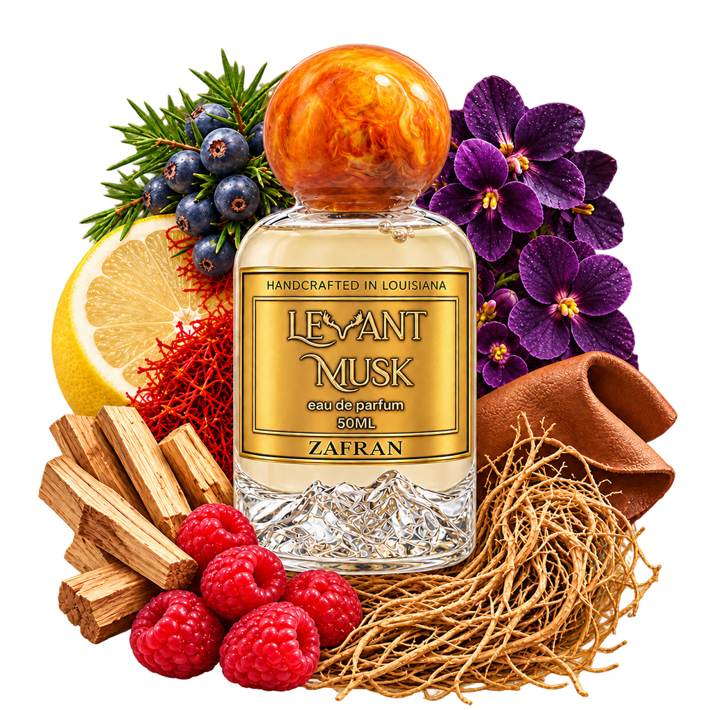 ZAFRAN by Levant Musk bottle and corrected note props on a transparent background.