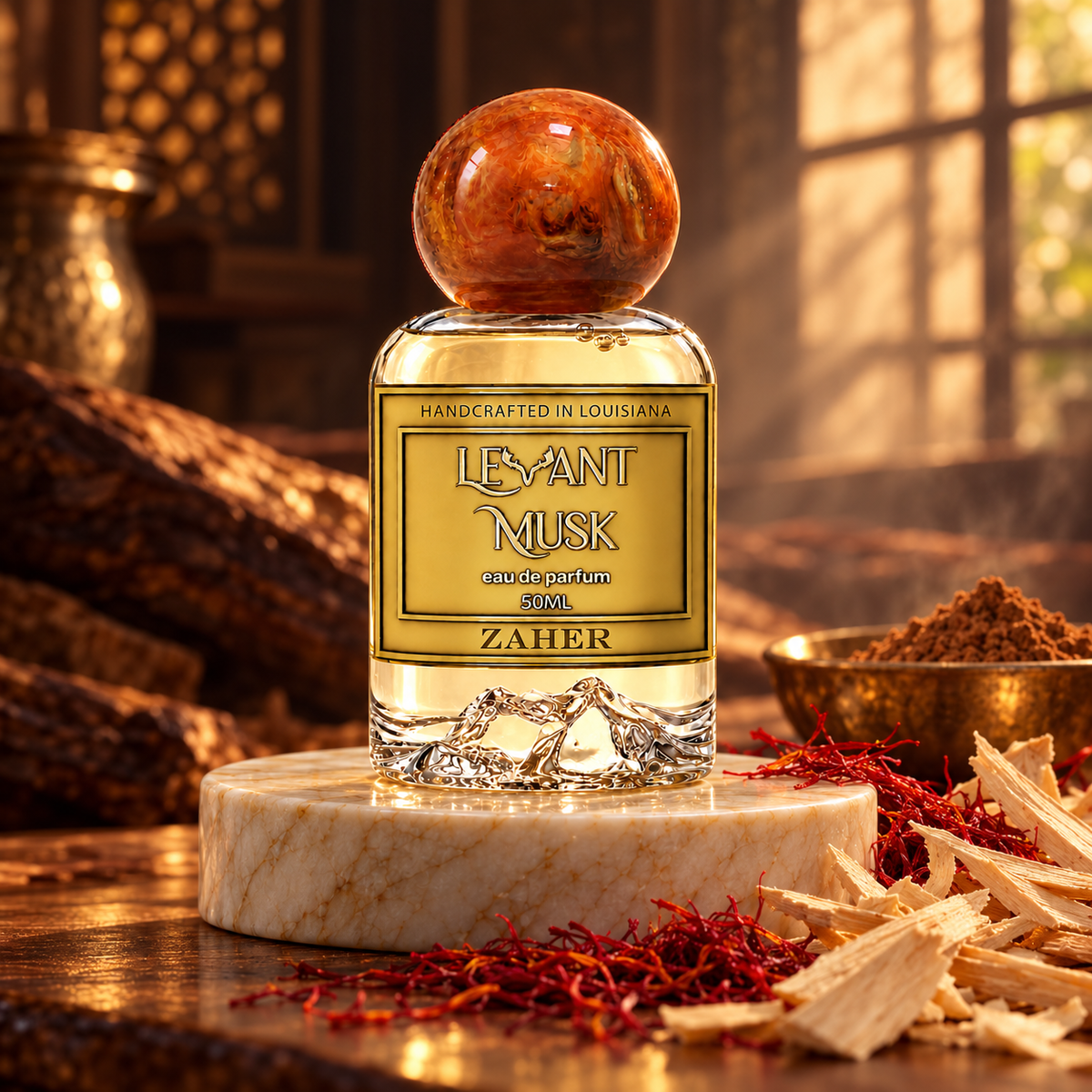 ZAHER by Levant Musk on a marble pedestal with an atmospheric display of saffron, generic spices and blonde woods.