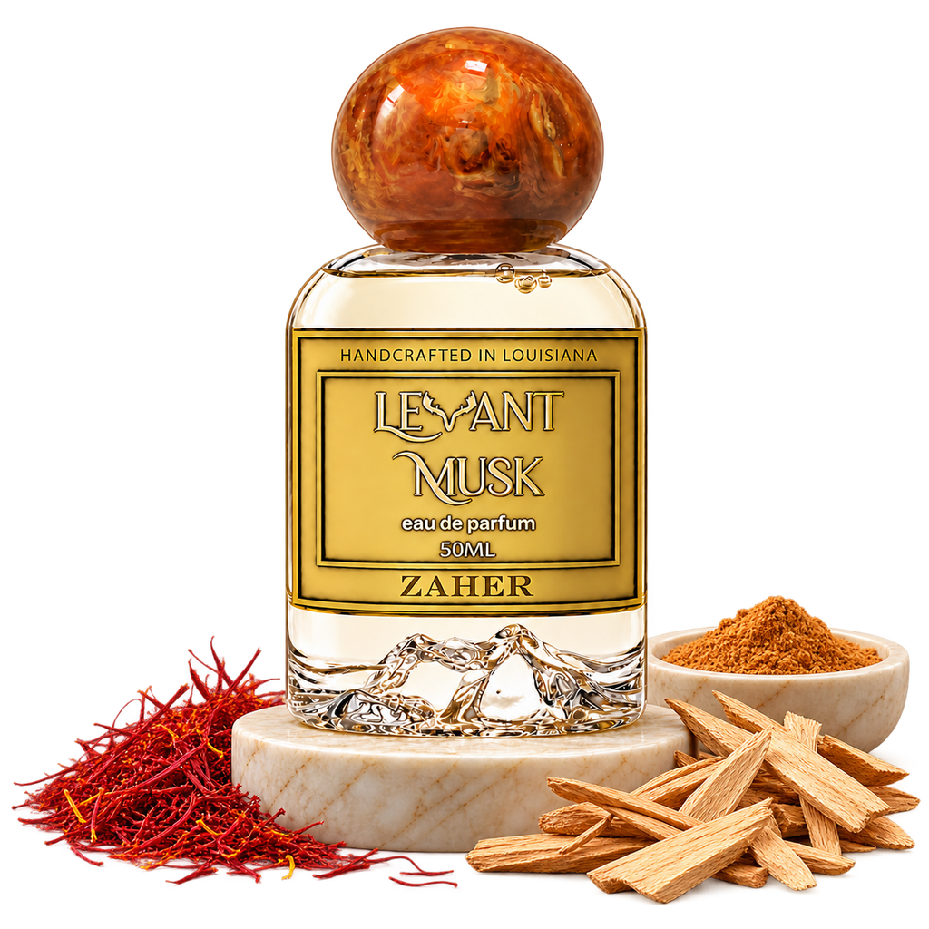 ZAHER 50 mL Eau de Parfum by Levant Musk on marble with saffron threads, generic spices and blonde woods, on a transparent background.