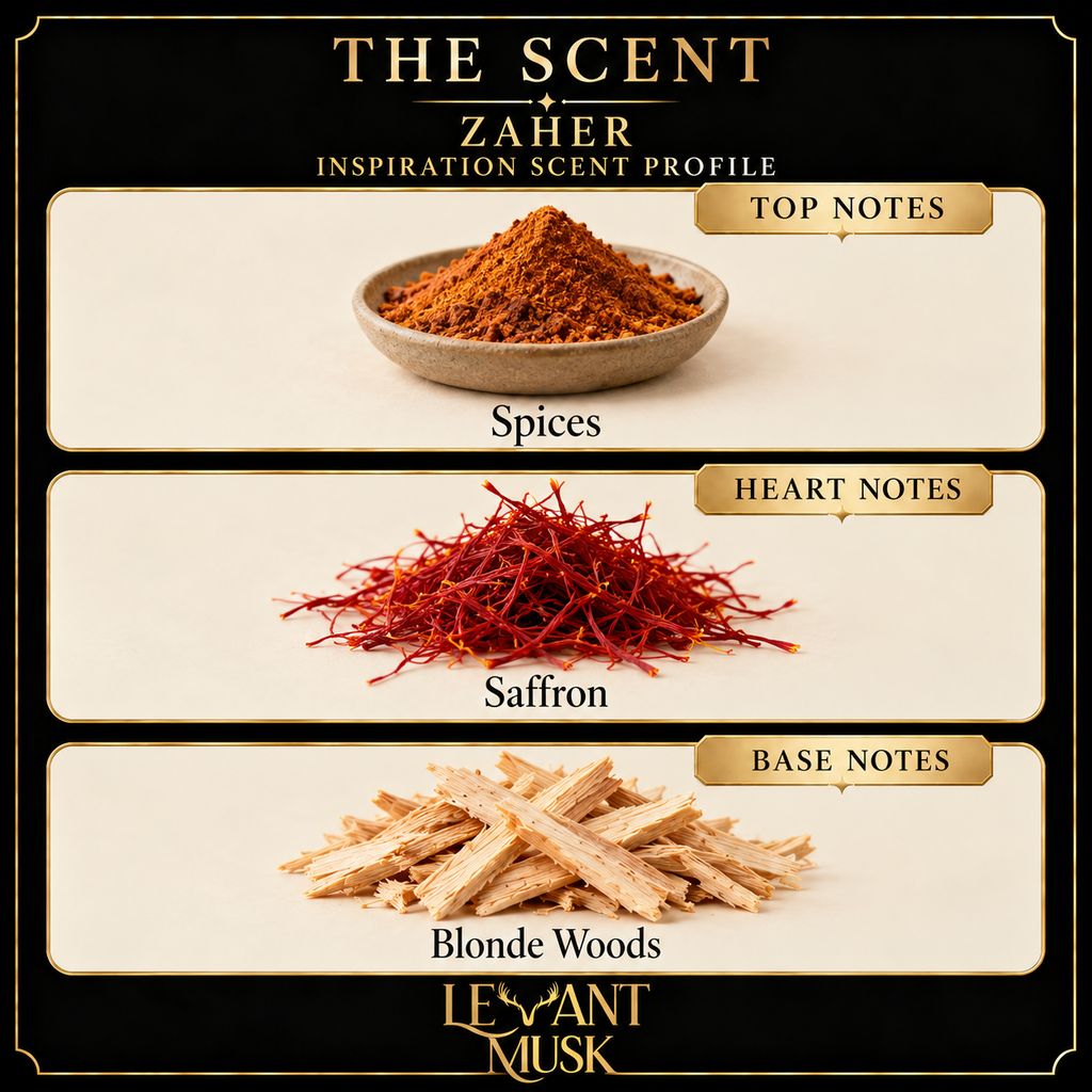 ZAHER inspiration scent profile: top note Spices; heart note Saffron; base note Blonde Woods.