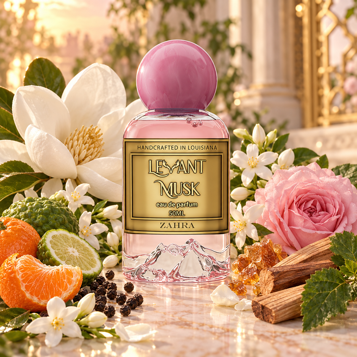 Levant Musk Zahra perfume bottle styled with notes of italian mandarin, jasmine, and benzoin.
