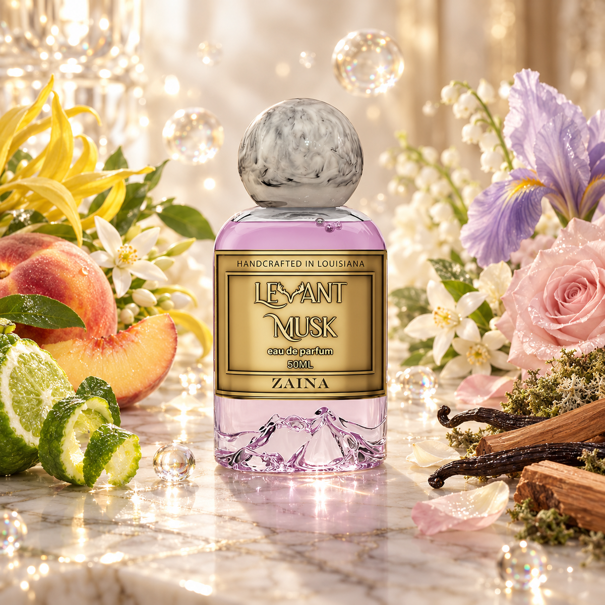 A bottle of ZAINA by Levant Musk Eau de Parfum centered on a marble surface, surrounded by flowers, fruit, and botanicals in a bright, softly lit setting. The bottle is lavender-purple with a gold label and a gray marbled cap.