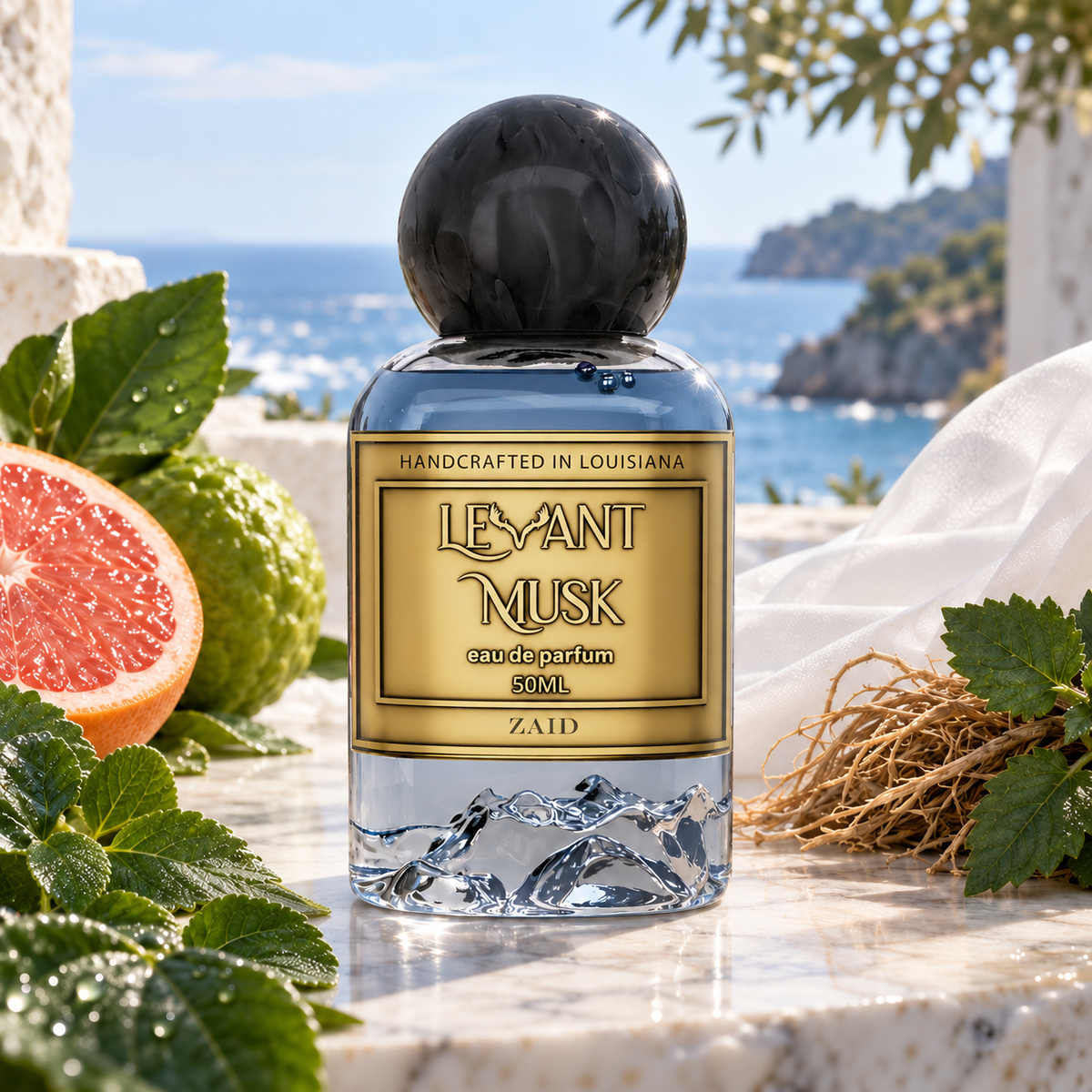 A 50ml bottle of Zaid by Levant Musk Eau de Parfum is displayed on a white marble surface with a scenic coastal background. The bottle is clear glass showing a blue liquid, topped with a black spherical cap and featuring a gold label.