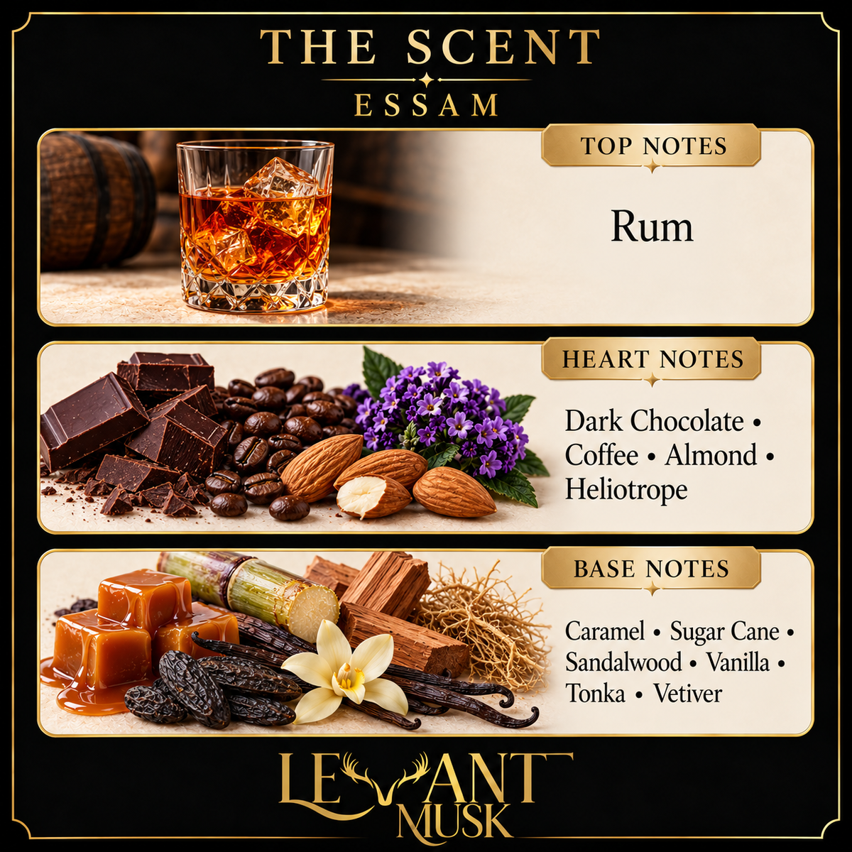 ESSAM by Levant Musk, exact fragrance notes card