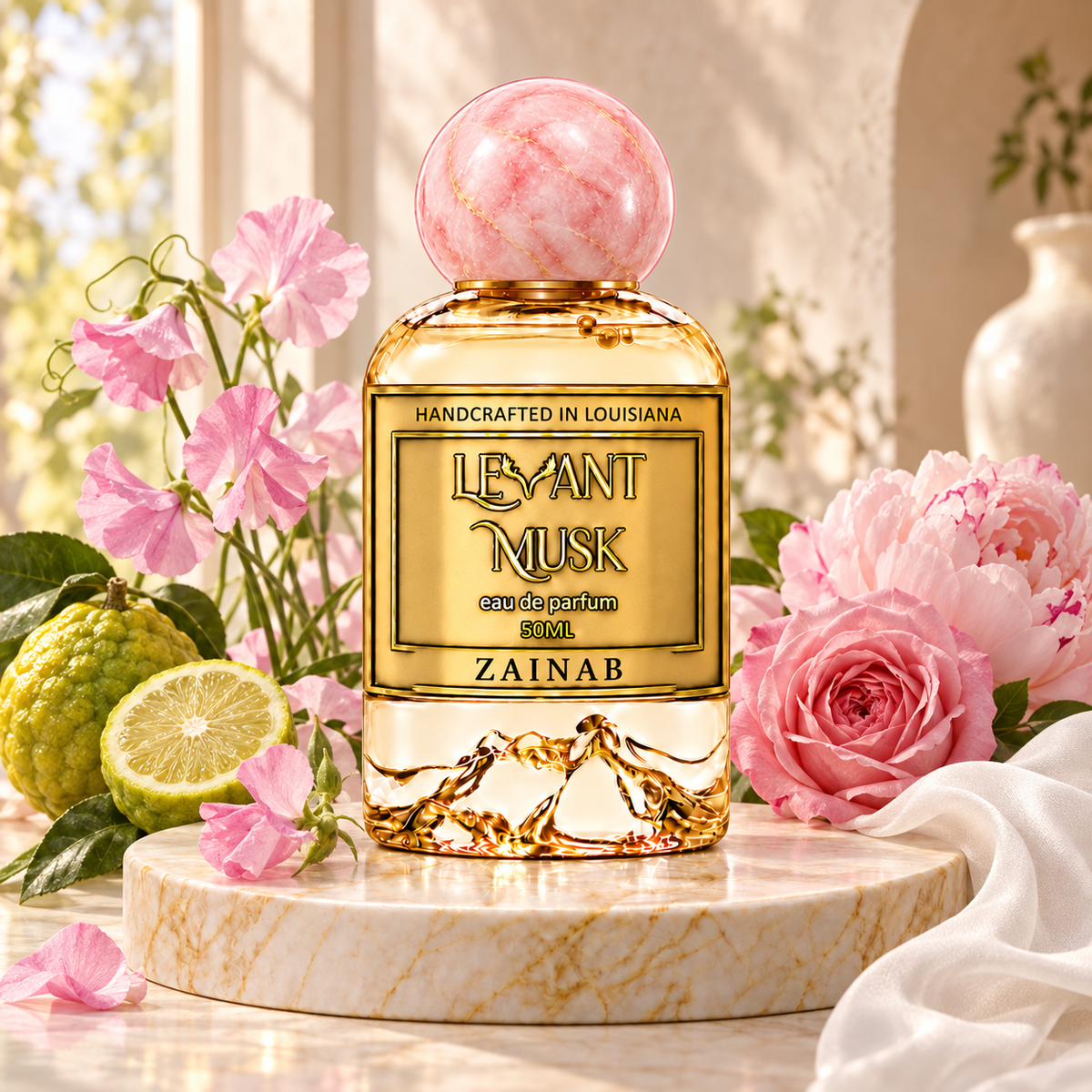 ZAINAB by Levant Musk, 50 mL perfume with a pink round cap, displayed with pink flowers and bergamot in warm sunlight.