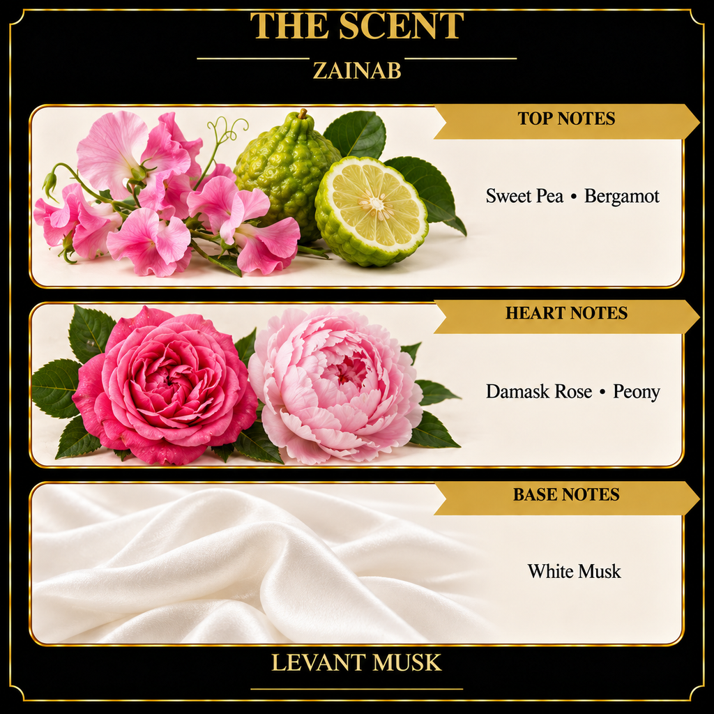 ZAINAB by Levant Musk scent notes: sweet pea and bergamot; Damask rose and peony; white musk.