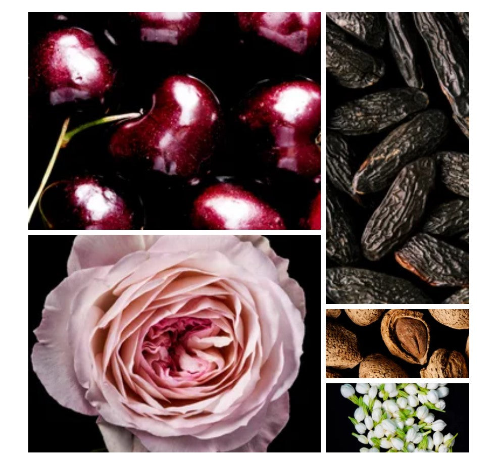 Karaz fragrance styled with notes of black cherry, cherry syrup, and peru balsam