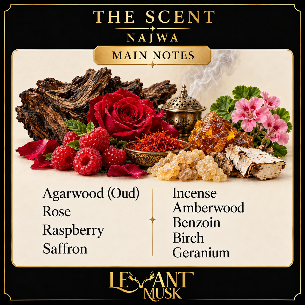 NAJWA by Levant Musk, exact fragrance notes card