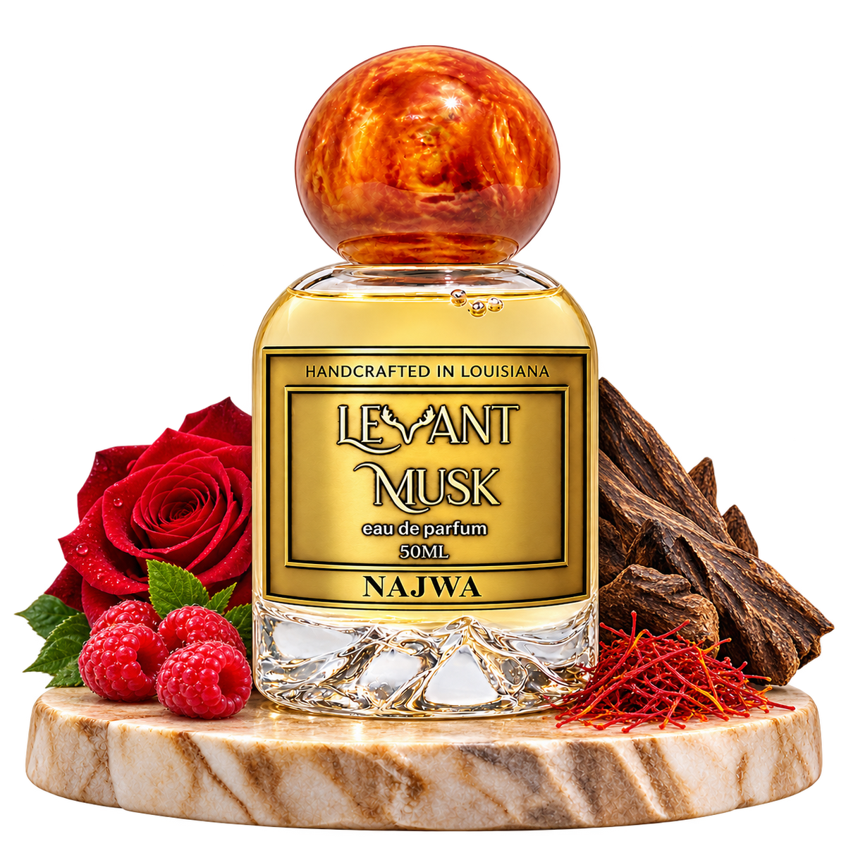 NAJWA by Levant Musk, bottle with fragrance-note props on a marble pedestal