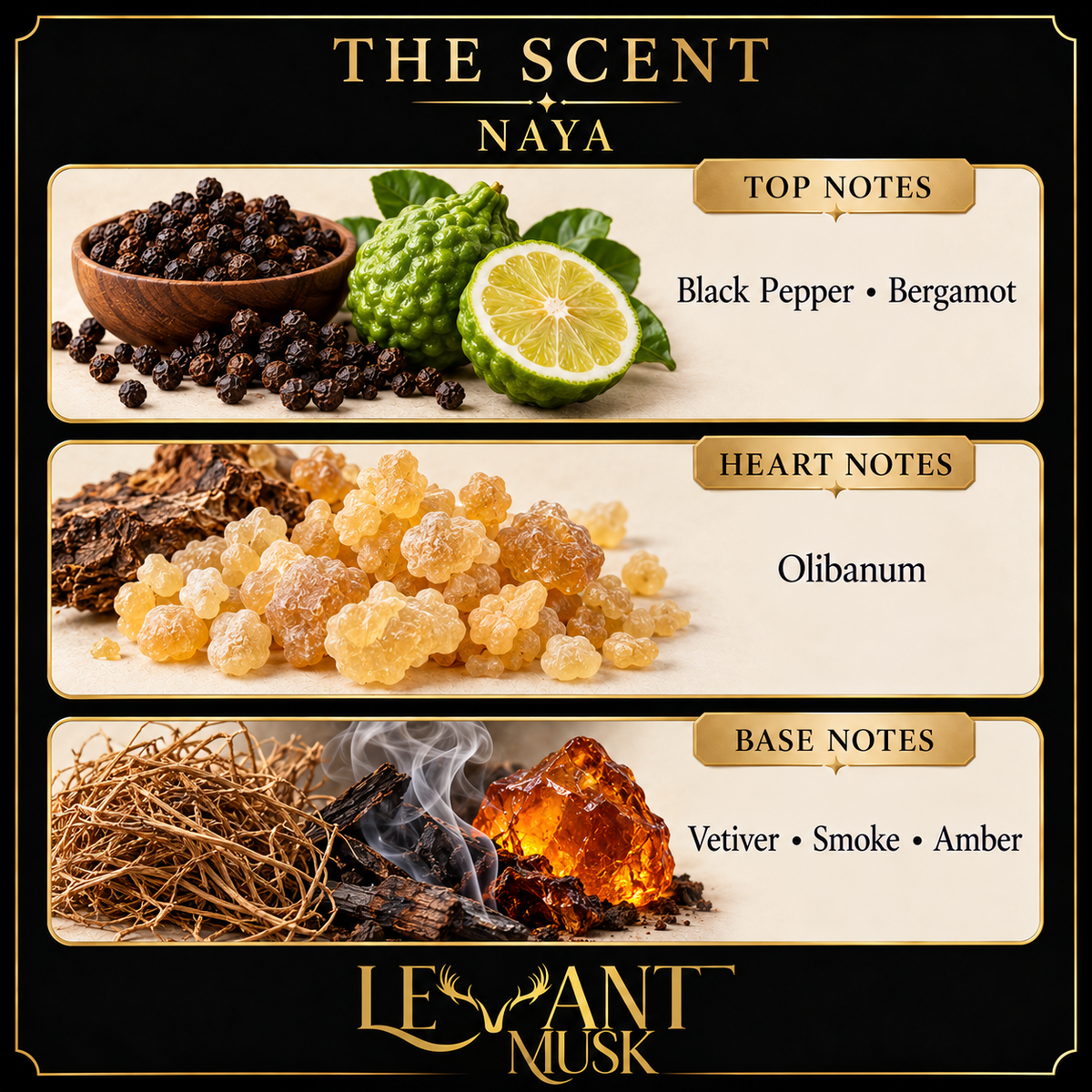 NAYA by Levant Musk, exact fragrance notes card