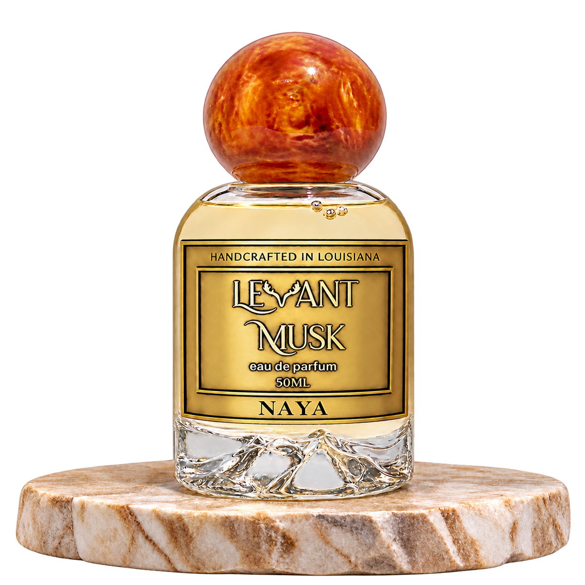 NAYA by Levant Musk, plain bottle on a marble pedestal