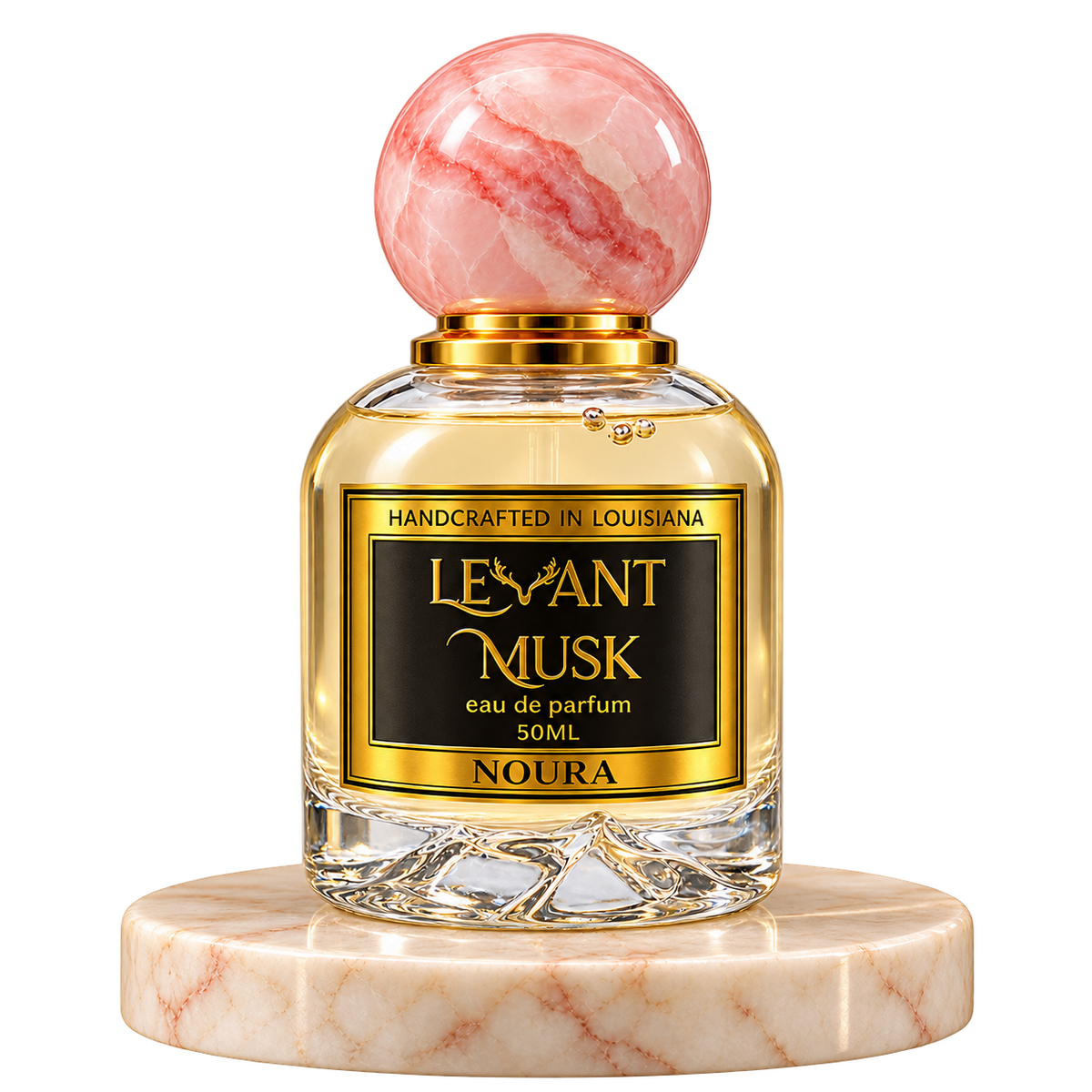 NOURA by Levant Musk, plain bottle on a marble pedestal