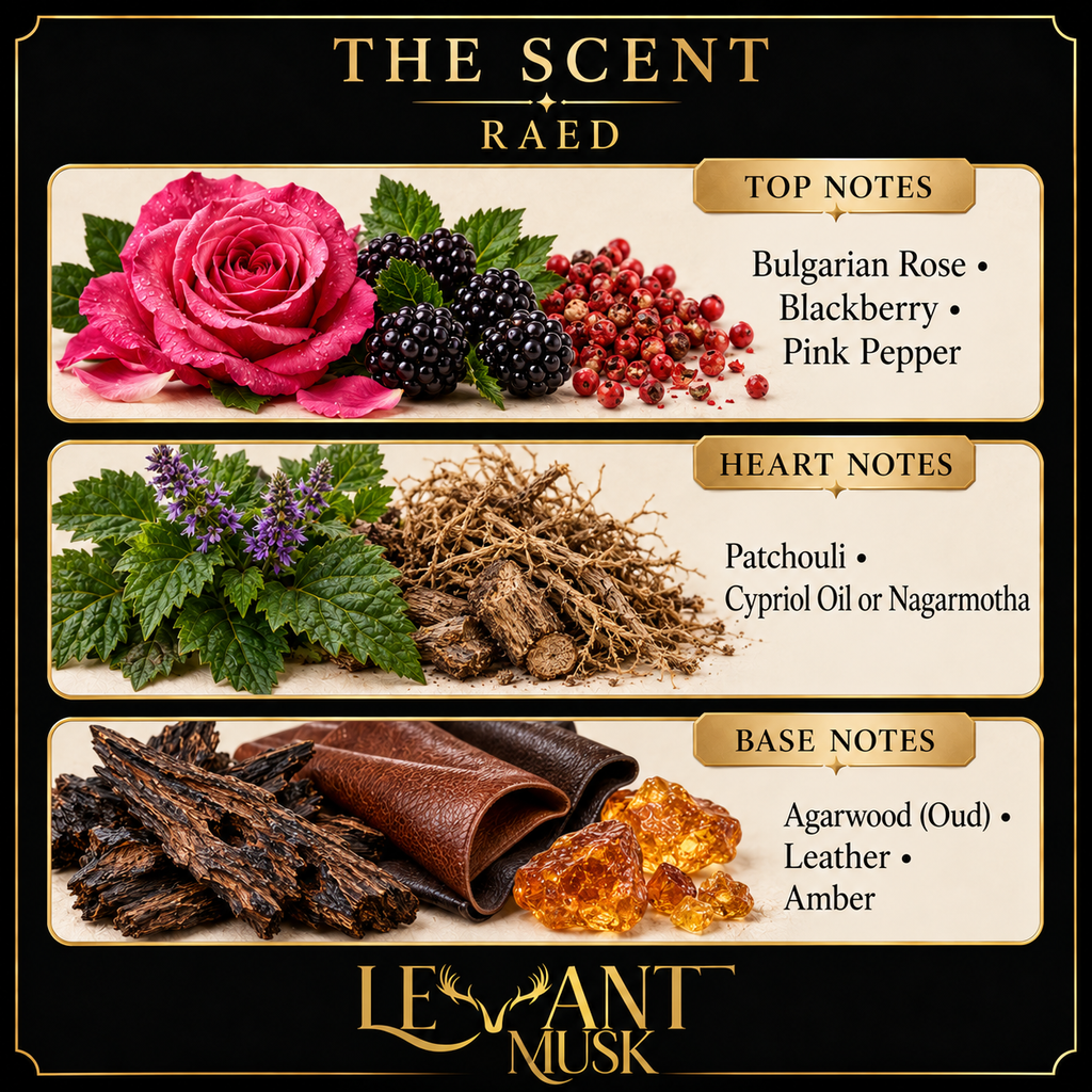 RAED by Levant Musk, exact fragrance notes card