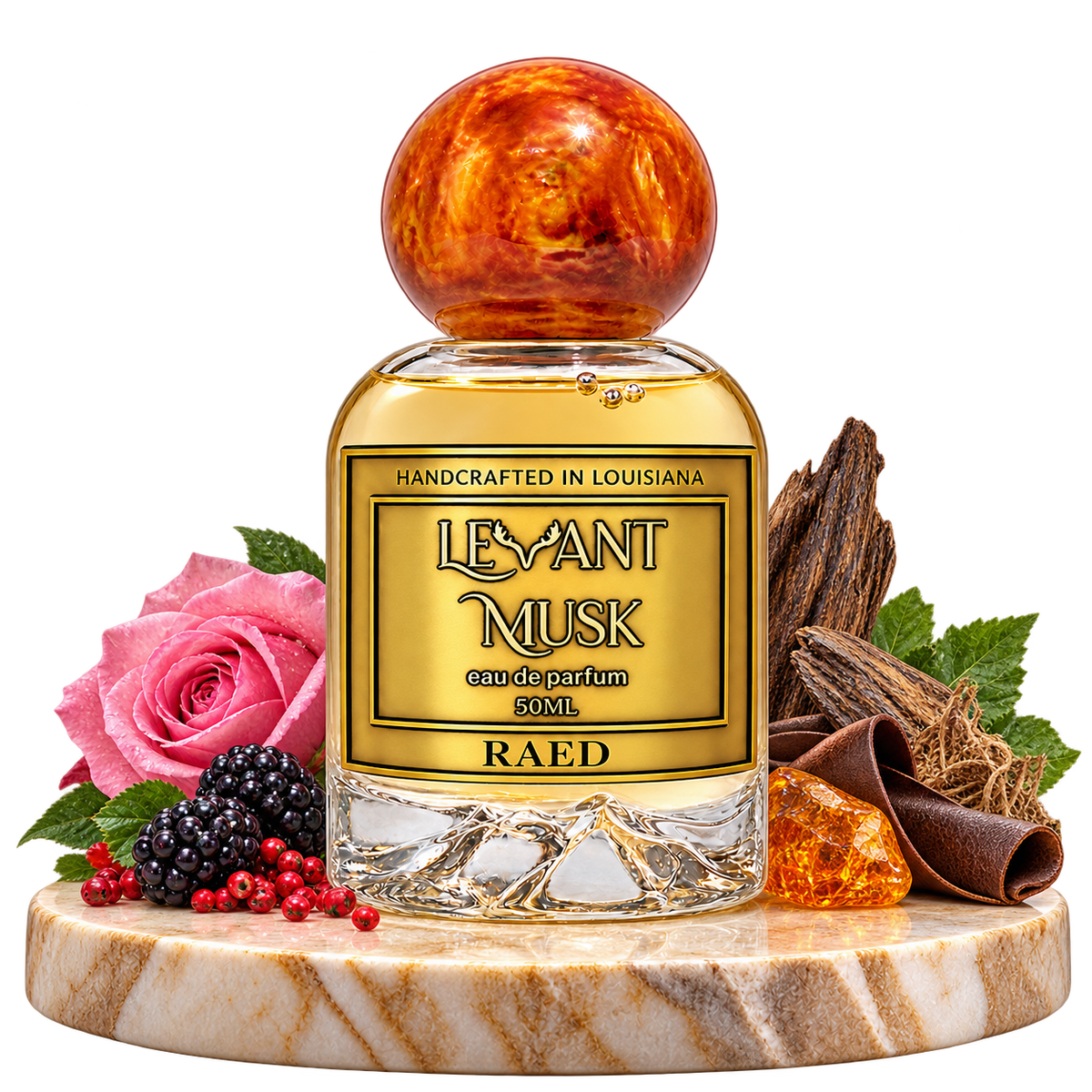 RAED by Levant Musk, bottle with fragrance-note props on a marble pedestal