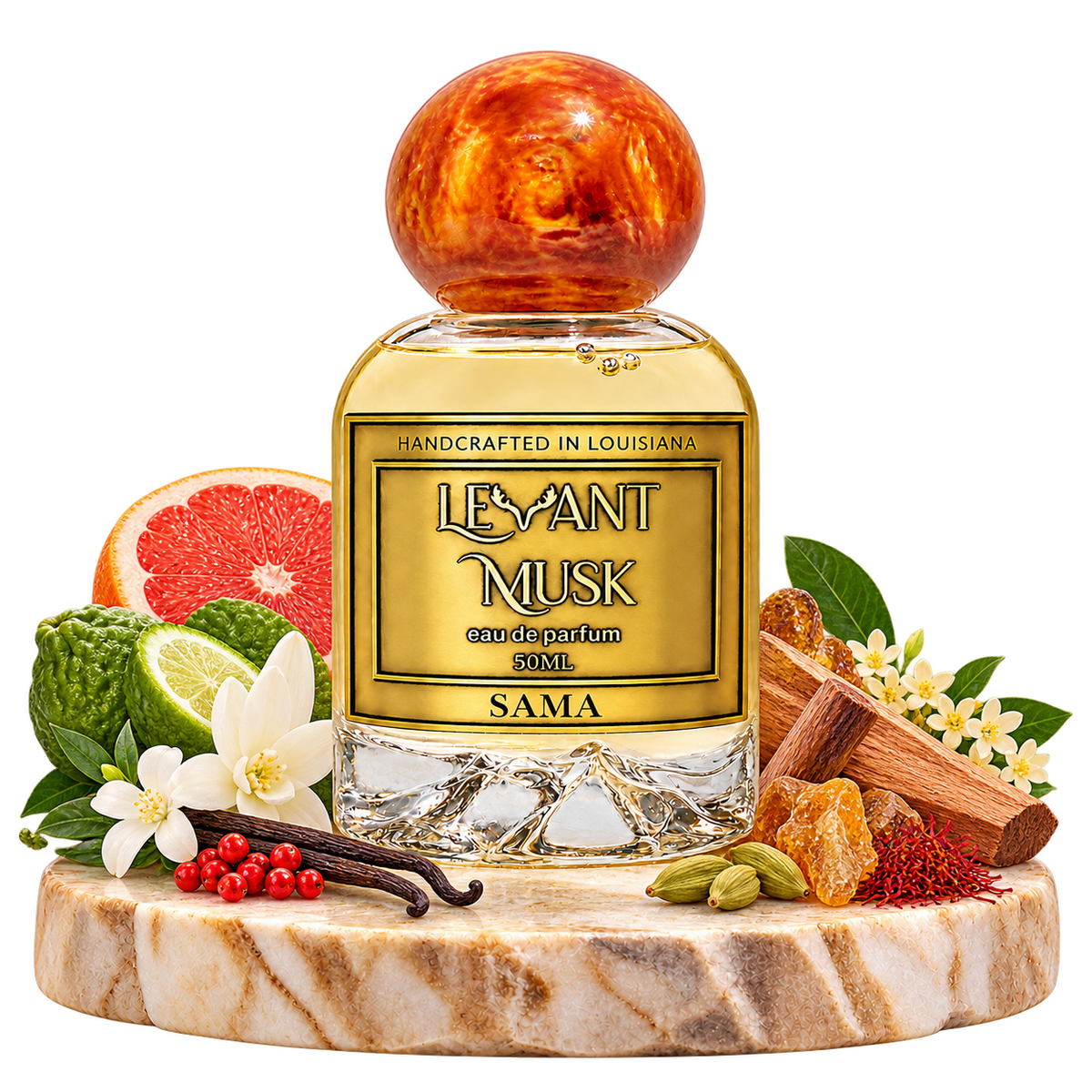 SAMA by Levant Musk, bottle with fragrance-note props on a marble pedestal