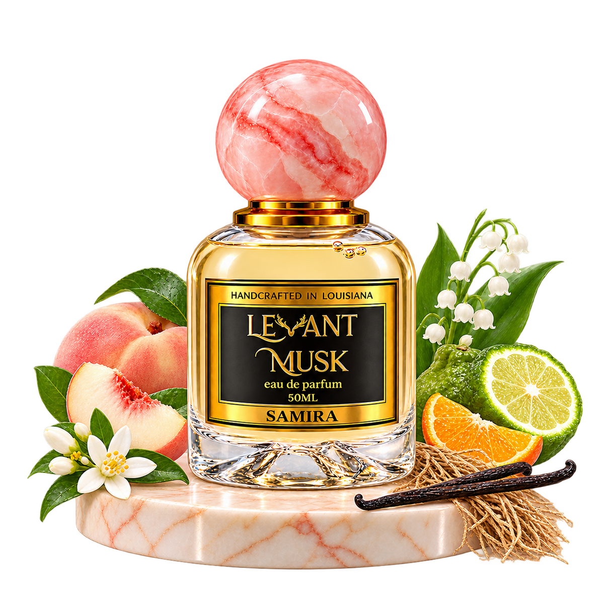 SAMIRA by Levant Musk, bottle with fragrance-note props on a marble pedestal