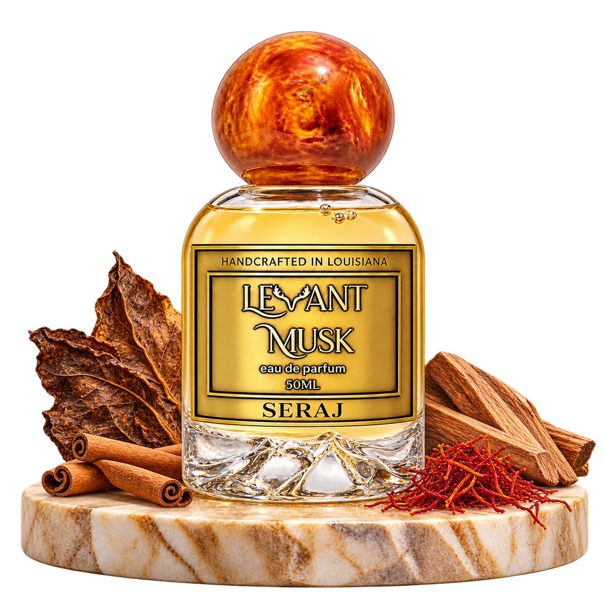 SERAJ by Levant Musk, bottle with fragrance-note props on a marble pedestal
