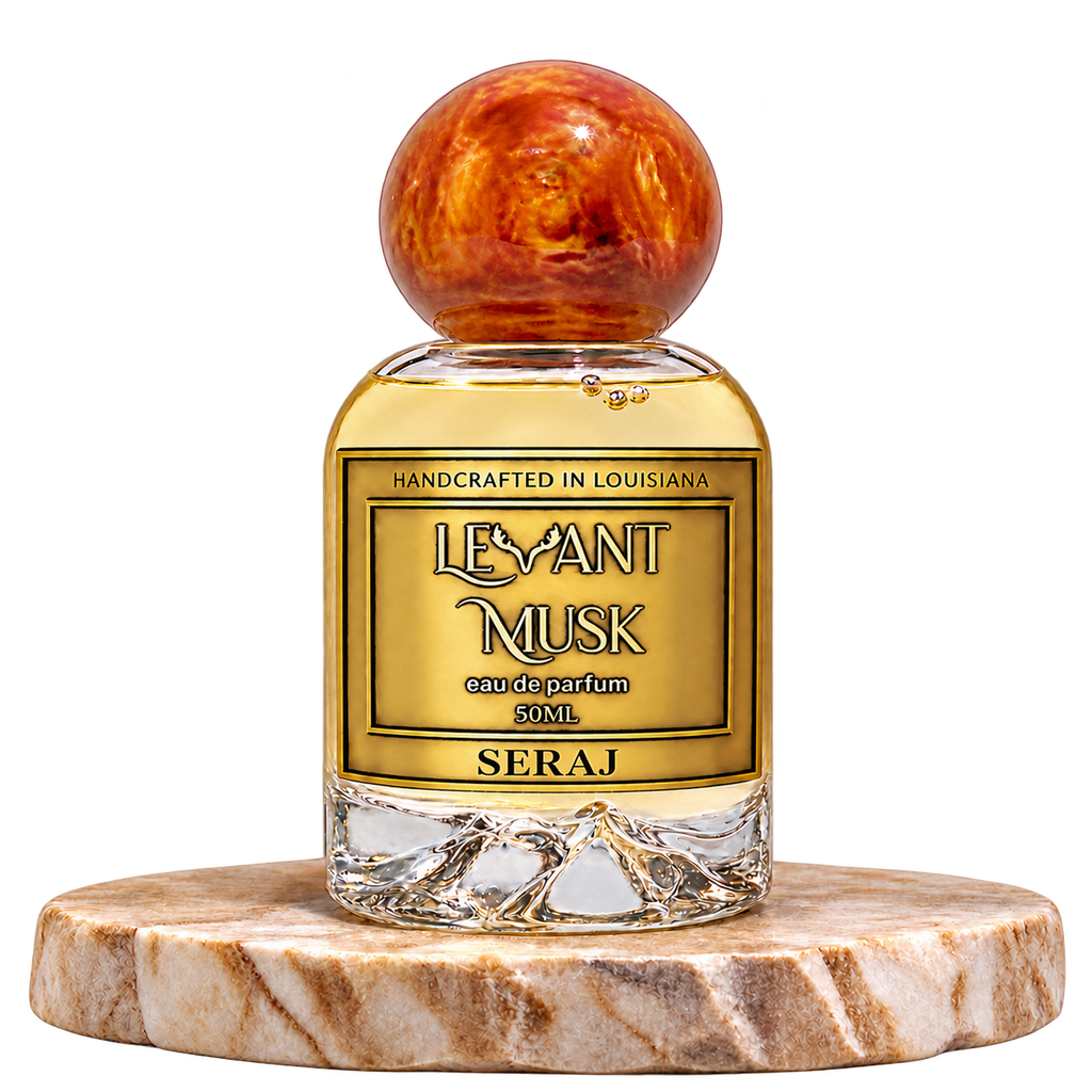 SERAJ by Levant Musk, plain bottle on a marble pedestal