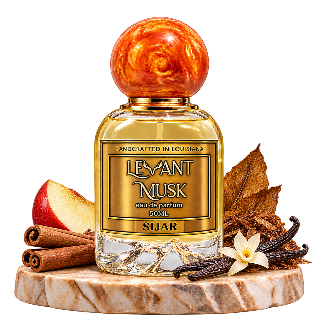 SIJAR by Levant Musk, bottle with fragrance-note props on a marble pedestal