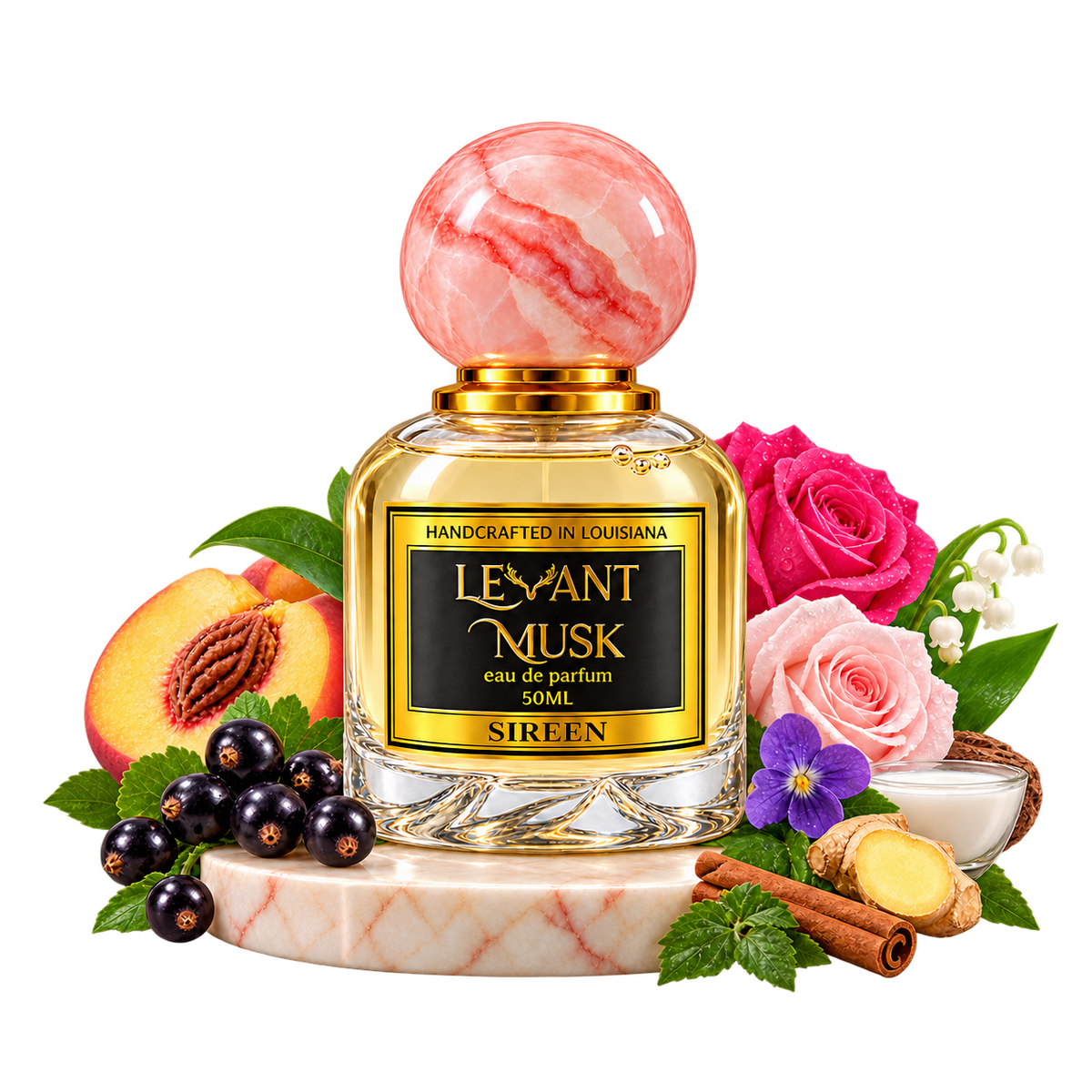 SIREEN by Levant Musk, bottle with fragrance-note props on a marble pedestal