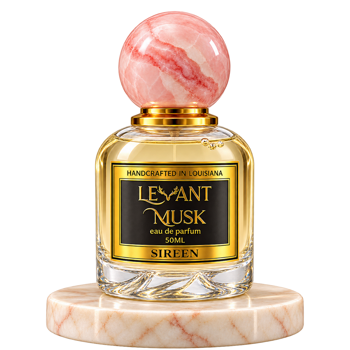 SIREEN by Levant Musk, plain bottle on a marble pedestal