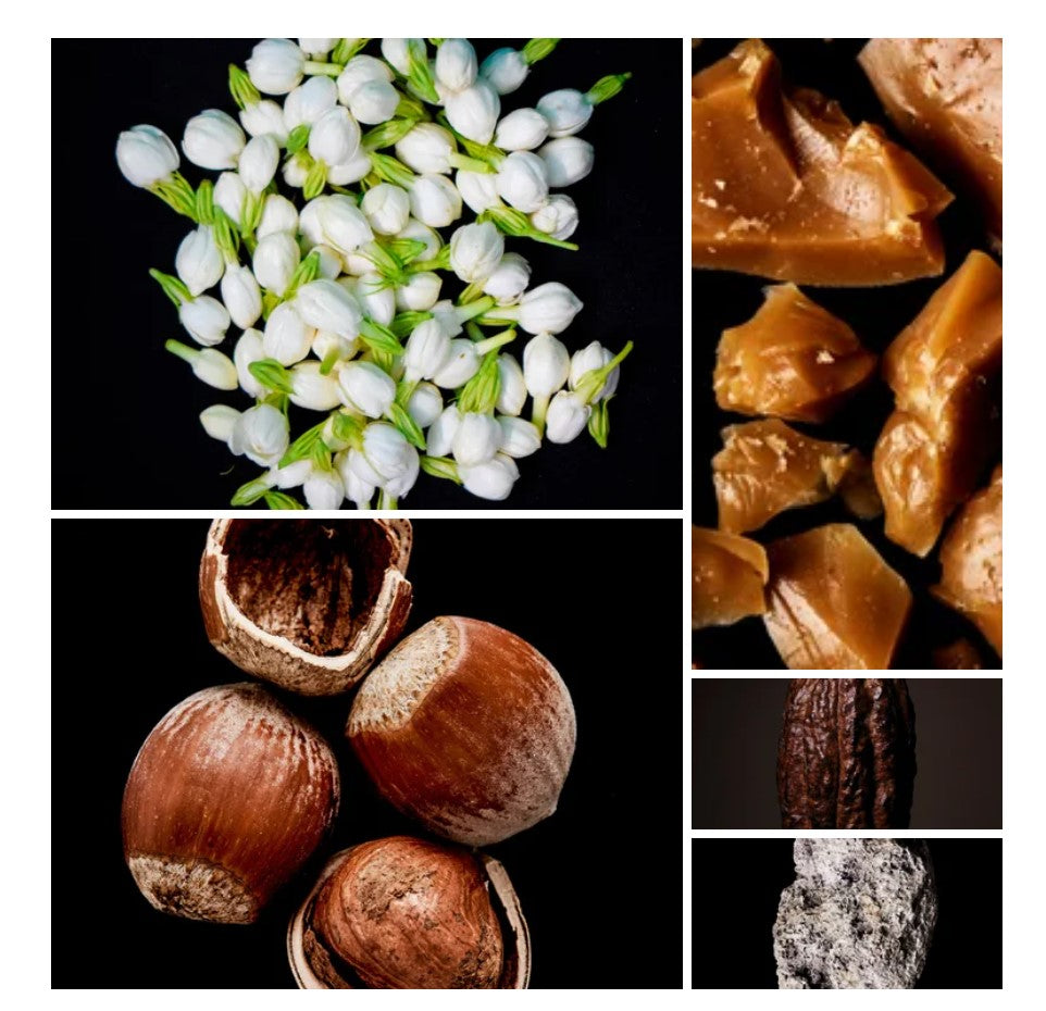 Suhail fragrance styled with notes of cacao absolute, jasmine sambac, and ambroxan