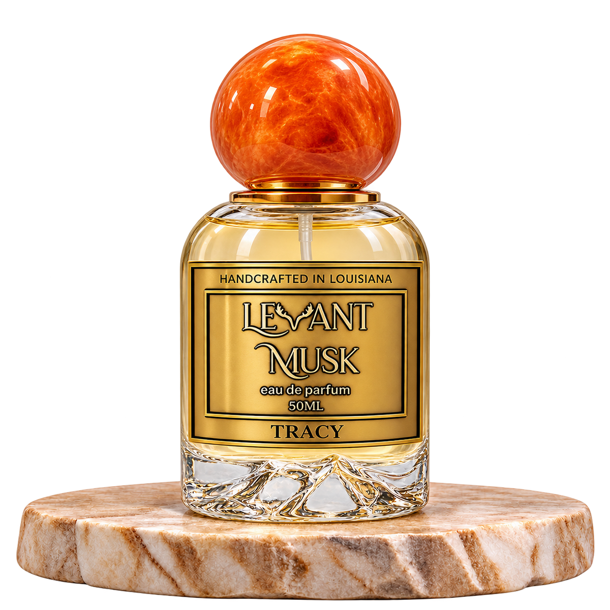 TRACY by Levant Musk, plain bottle on a marble pedestal