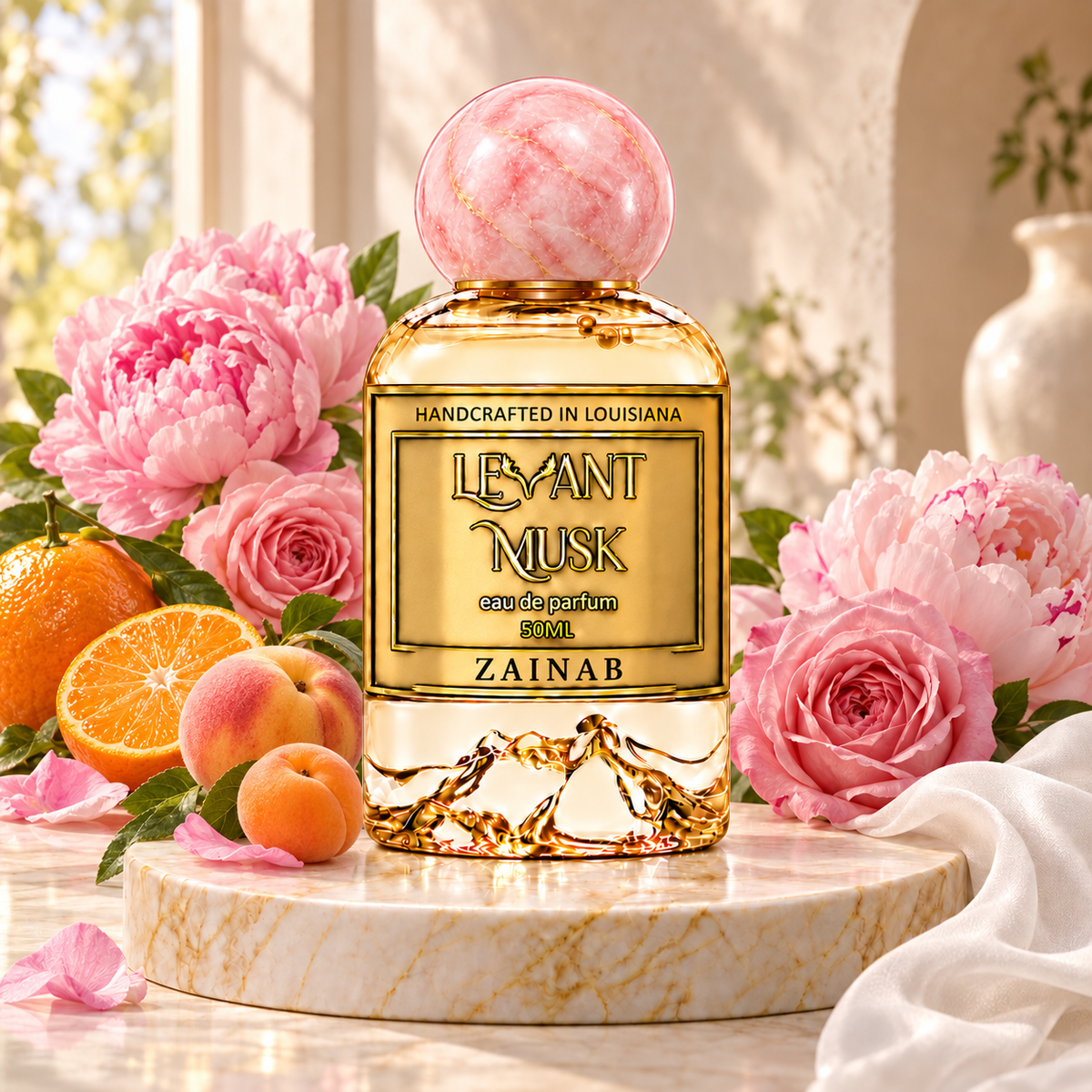 ZAINAB by Levant Musk, 50 mL perfume with a pink spherical cap, Sicilian Mandarin, Pink Peony, Damask Rose, Apricot and Peach in warm sunlight.