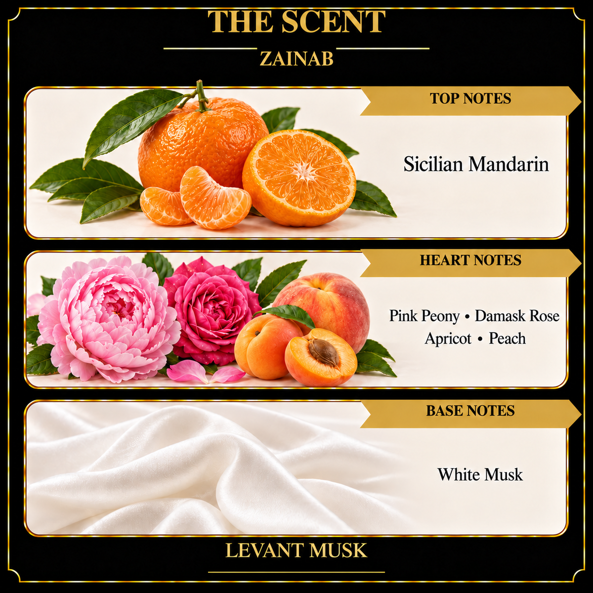 ZAINAB scent notes: top, Sicilian Mandarin; heart, Pink Peony, Damask Rose, Apricot and Peach; base, White Musk.